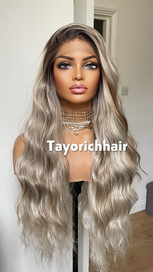 Ombre Platinum Blonde Wig: Long Wavy Synthetic Lace Front Wig