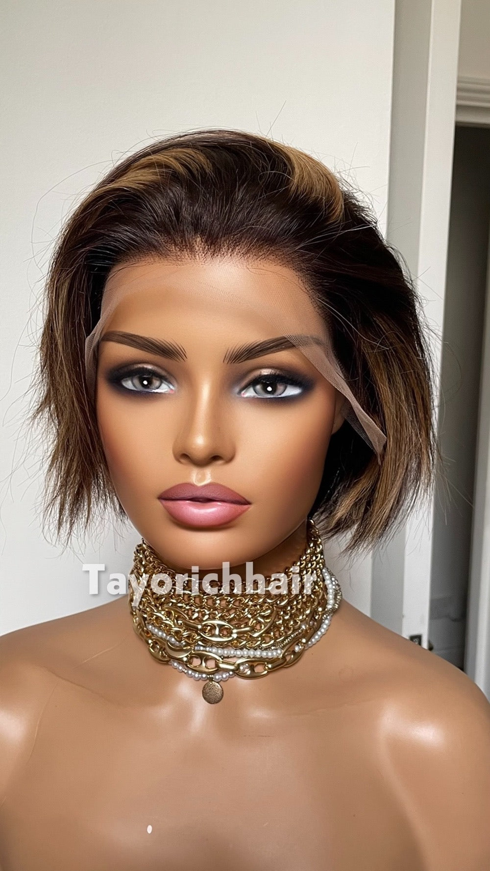 Short Brown Bob Human Hair Wig with Blonde Highlights | Straight 6 Inch Lace Front Wig | Natural Looking Bob Wig