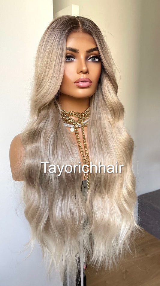 Rooted Pearl Blonde Heat Friendly Synthetic Lace Frontal Wig With 13 By 6 Wide Lace/ Loose Wavy Blonde Hair Wig Fror Women/Tayorichhair Wigs