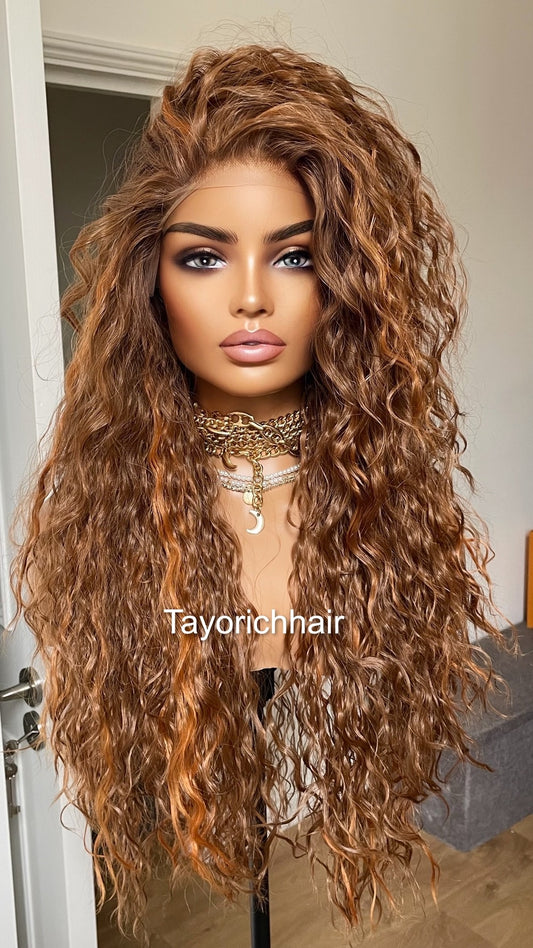 Auburn Red Curly Lace Front Wig With Red Ginger Highlights / Free Part Curly Light Weight Big Hair Wig/ Loose Curly Auburn Reddish Brown Wig