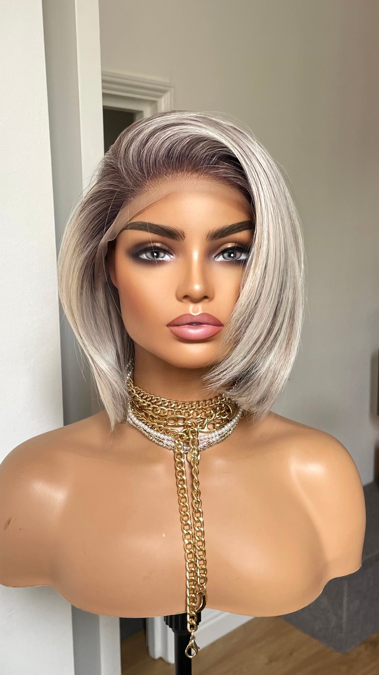 Salt and Pepper Short Bob Wig: Synthetic Lace Frontal, Brown Roots