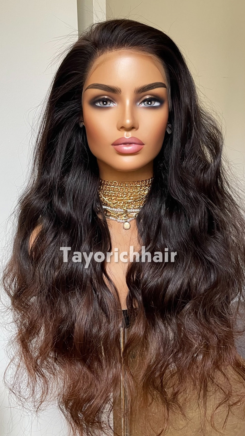 Ombre Black to Brown Human Hair Lace Front Wig | 24” Wavy HD Lace Wig | 13x4 Glueless Wig | 100% Human Hair | Tayorichhair