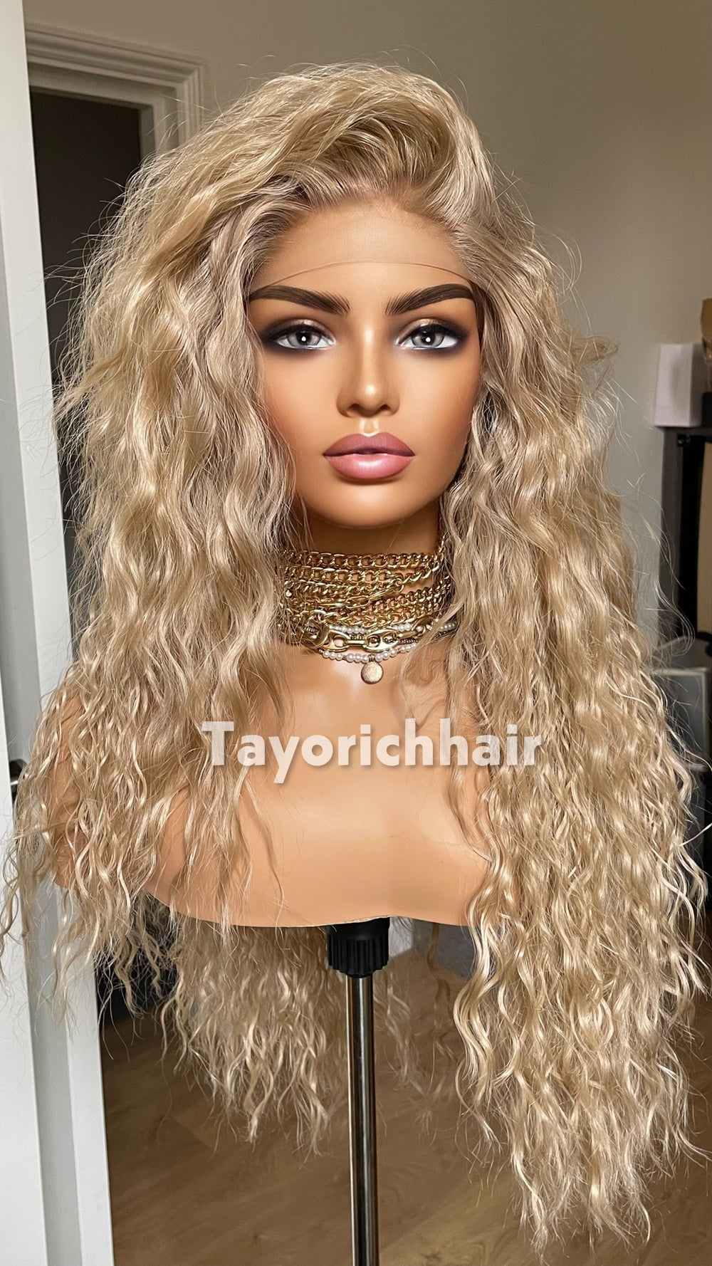 Medium Blonde Curly Wig | 10” Front 20” Back | Heat Safe Synthetic Lace Front Wig | 13x3 Transparent Lace | Small Cap | Tayorichhair