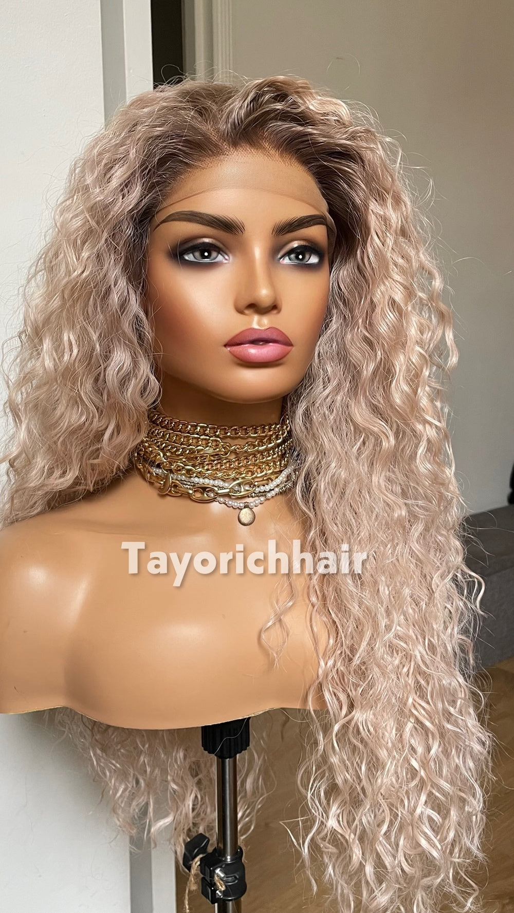 Pale Pink Curly Synthetic Lace Front Wig with Brown Roots – 22 Inch