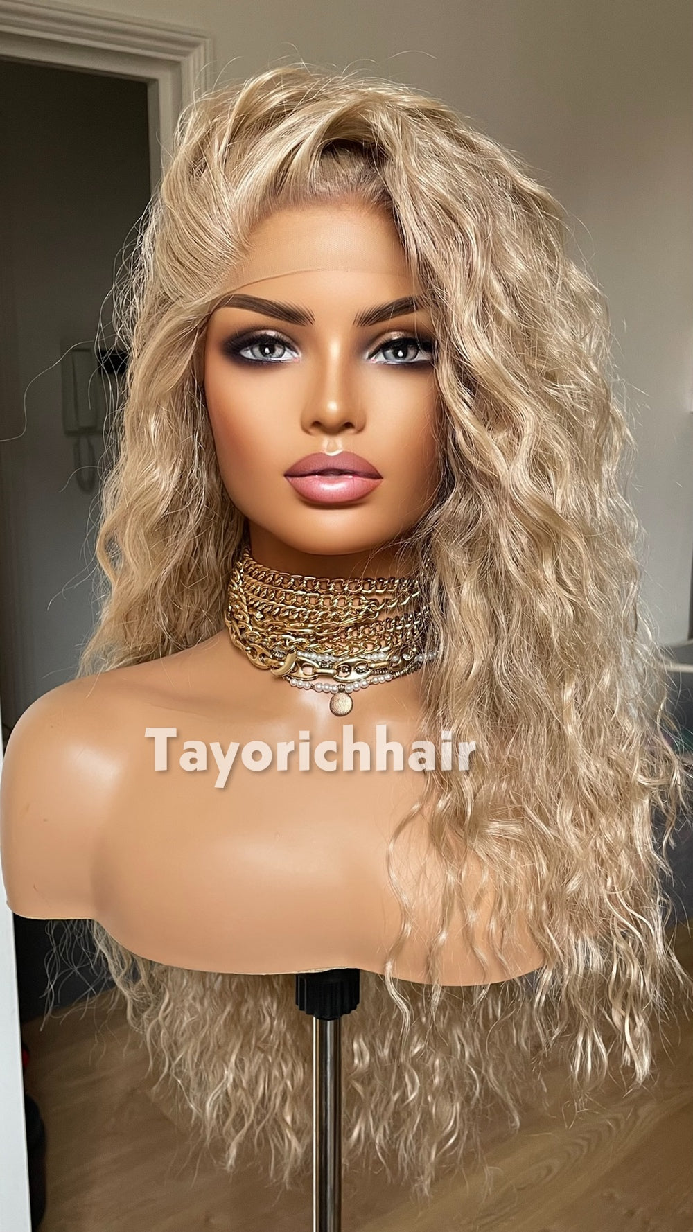 Medium Blonde Curly Wig | 10” Front 20” Back | Heat Safe Synthetic Lace Front Wig | 13x3 Transparent Lace | Small Cap | Tayorichhair