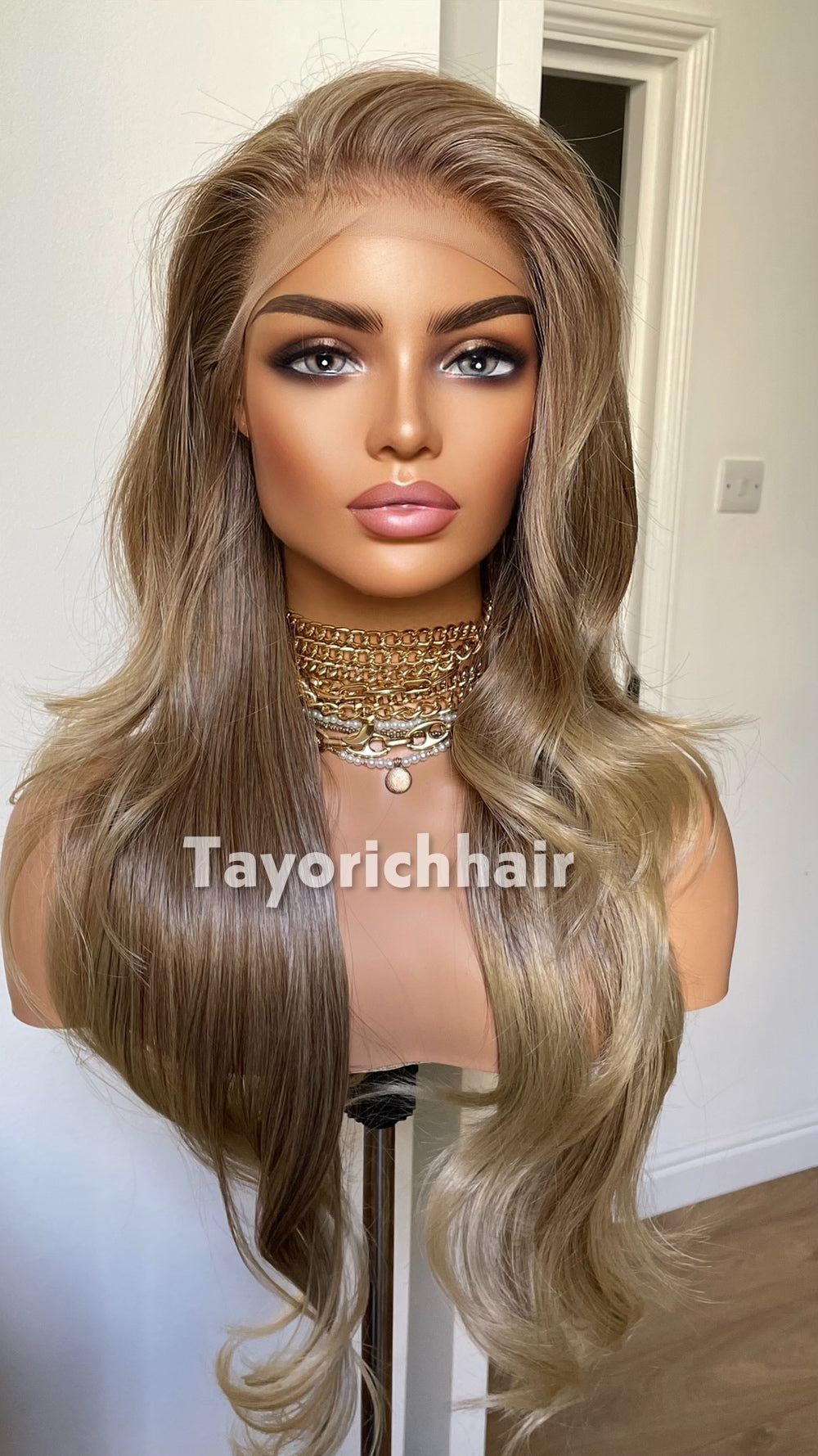Ash Blonde Heat Safe Synthetic Lace Front Wig | 24” Layered | 13x6 Transparent Lace | Glueless | Tayorichhair
