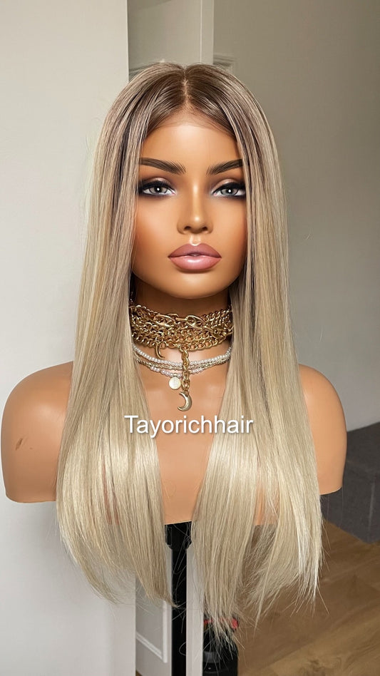 Sun Kissed Blonde Synthetic Lace Frontal Wig With Dark Roots/ 18 inches Straight Blonde Wig With 13x6 Wide Swiss Lace/ Heat Friendly Wigs