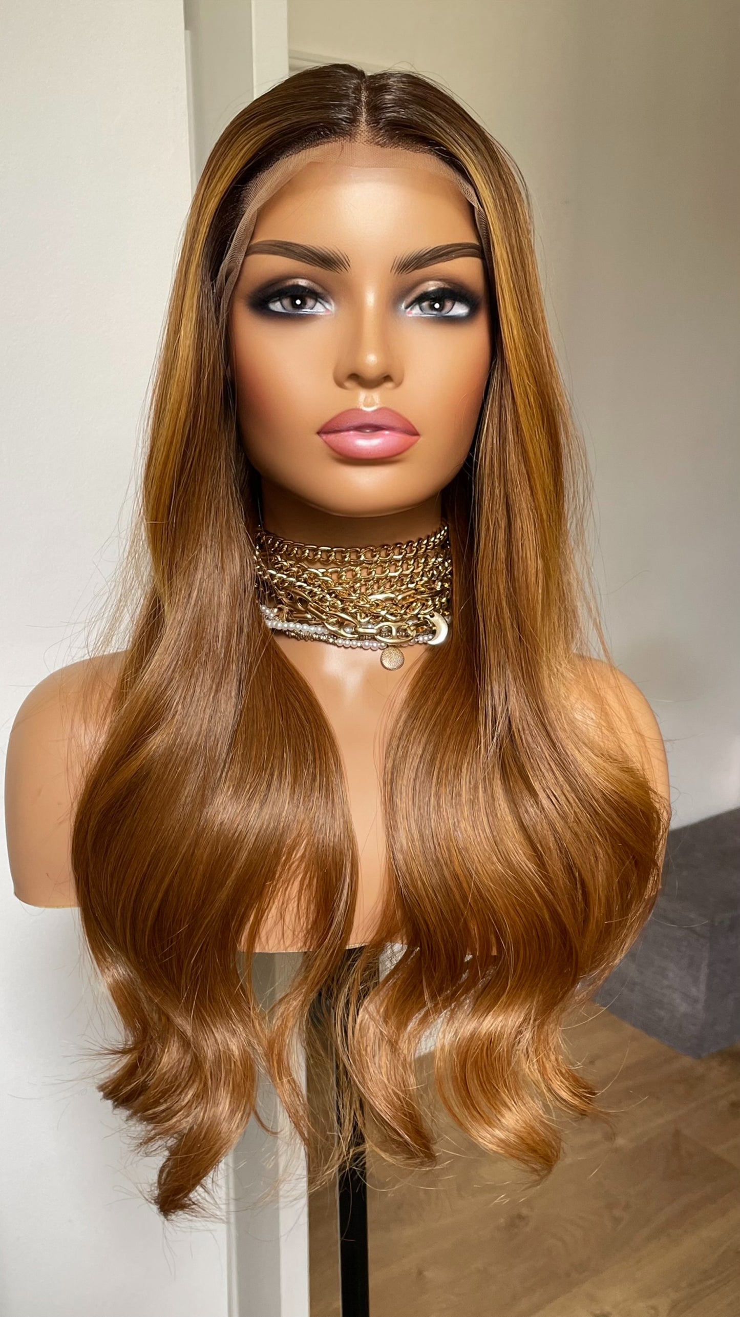 Ginger Synthetic Lace Front Wig With Highlights; Dark Roots, Wavy Hair