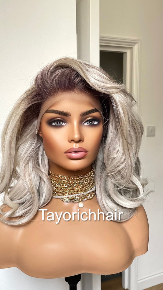 Bouncy Short Wig/ Salt And Pepper Wavy Hair Lace Frontal Wig/ Short Bouncy Grey Hair Wig With Dark Roots/ Wigs For Women Wavy Grey Hair Wig
