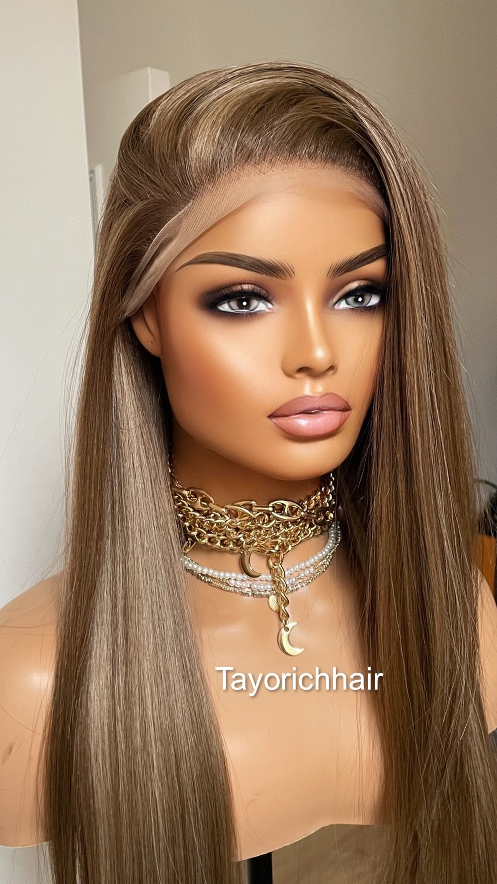Dark Ash Brown Synthetic Lace Frontal Wig/13 by 6 Lace Frontal/Long Straight Lace Wig/Dark Ash Brown Wig With Mild Highlights/Tayorichhair