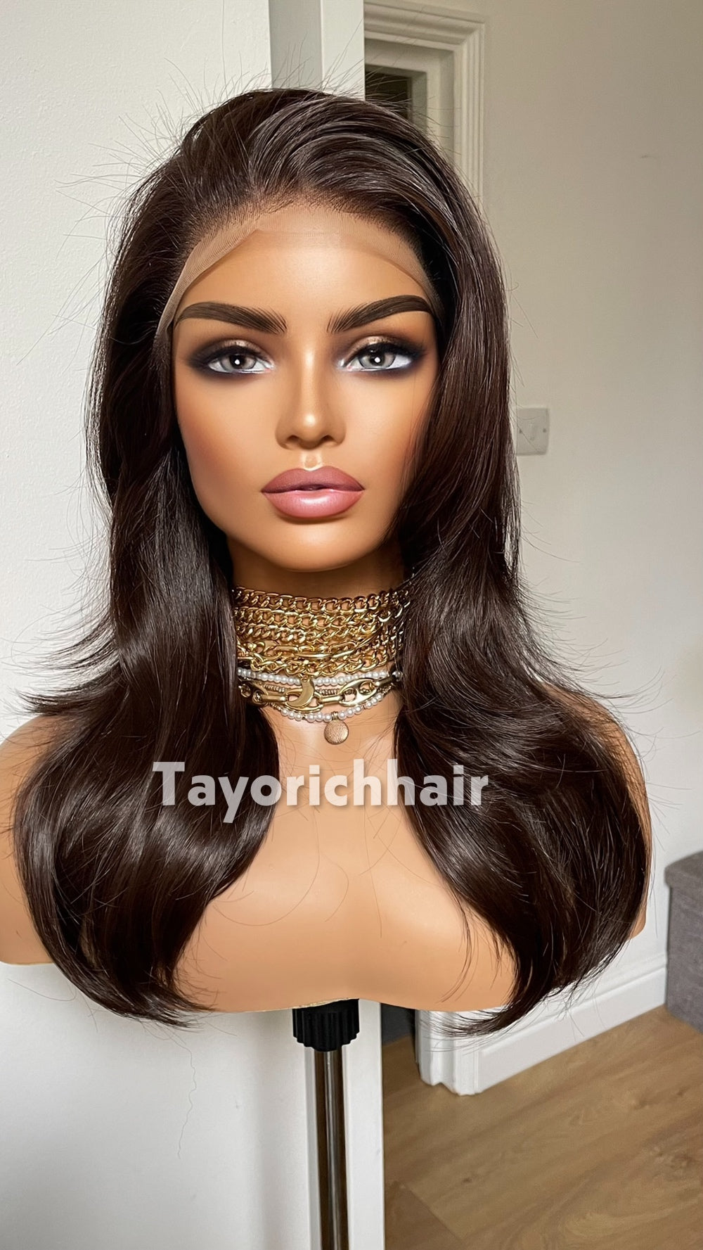 Dark Brown Heat Safe Synthetic Lace Front Wig | 16” Layered Bouncy Wave Wig | 13x6 Transparent Lace | Glueless | Tayorichhair