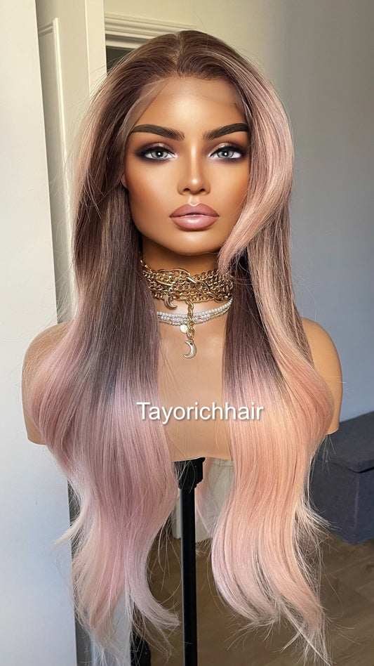 Ombre Baby Pink Lace Frontal Wig With Dark Brown Roots/ 13 by 6 Wide Lace Frontal/Pink Synthetic Wig/ Pink Wavy Hair wig By Tayorichhair