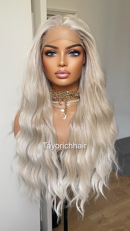 Pearl Blonde Lace Front Wig/Mixed Blonde Heat Safe Synthetic Wig/Ocean Wave Money Piece Lace Wig For Women