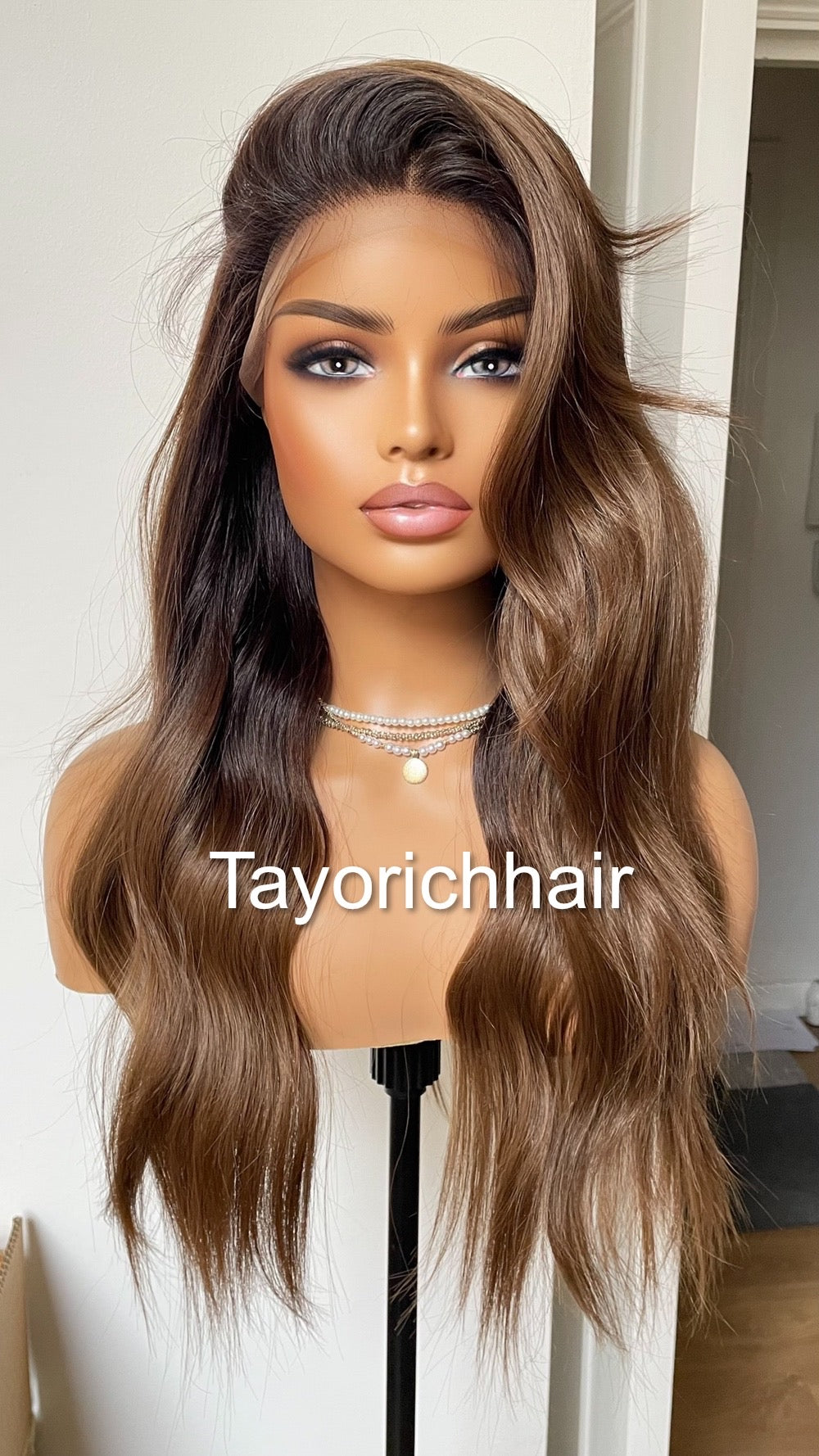 Brown And Black Synthetic Lace Front Wig With Black Roots/Middle Part Brown Wig With 13 By 6 Lace Frontal/Wigs For Brunettes By Tayorichhair