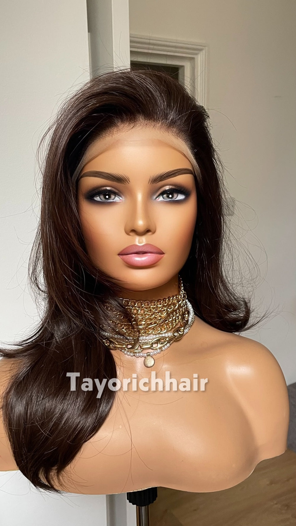 Dark Brown Heat Safe Synthetic Lace Front Wig | 16” Layered Bouncy Wave Wig | 13x6 Transparent Lace | Glueless | Tayorichhair