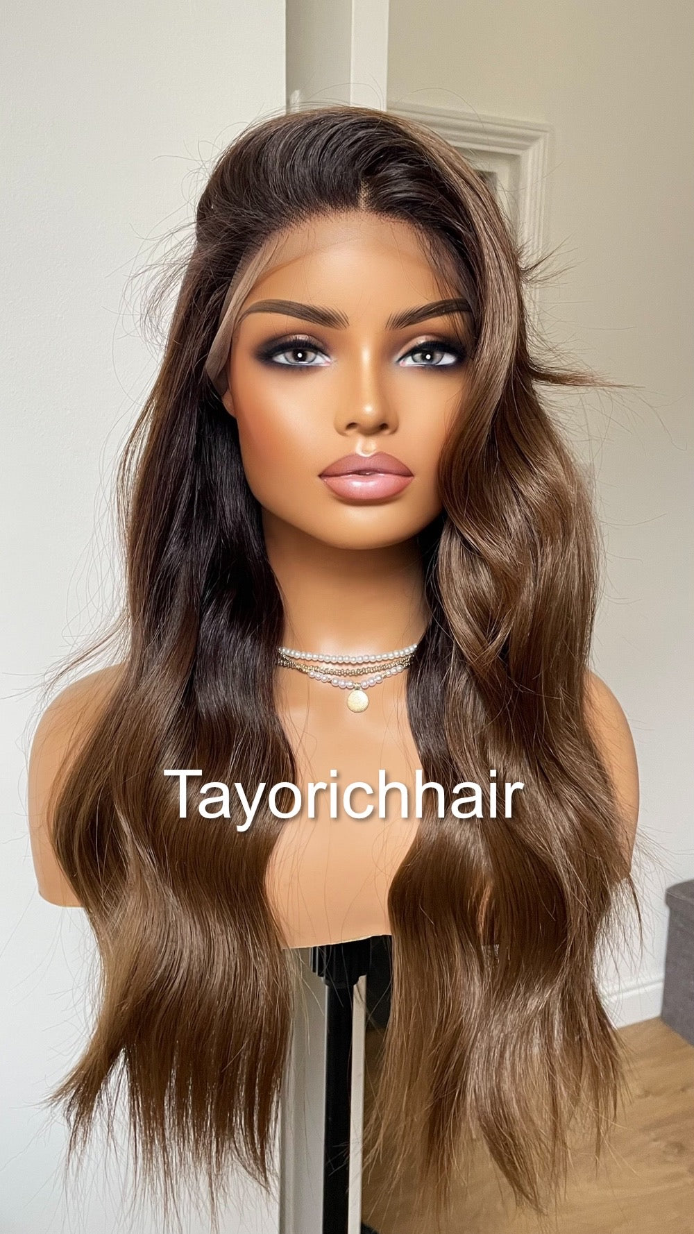 Brown And Black Synthetic Lace Front Wig With Black Roots/Middle Part Brown Wig With 13 By 6 Lace Frontal/Wigs For Brunettes By Tayorichhair