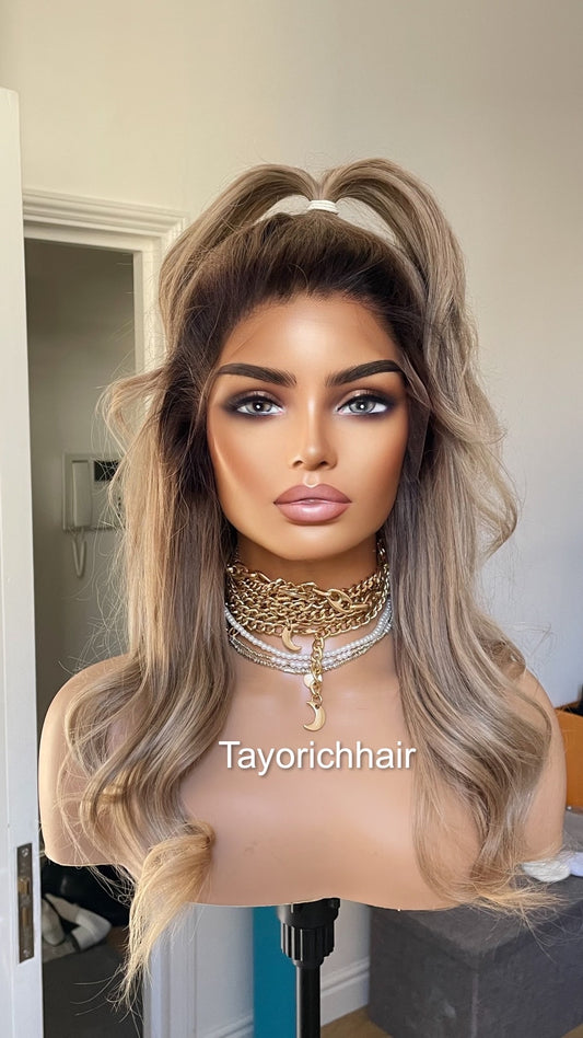 Dark Ash Blonde Short Real Hair With Dark Roots/ 13x4 HD Lace Front Wavy Real Hair Wig/ Small Cap/ Real Hair Wig/Daily Wear Wig For Women