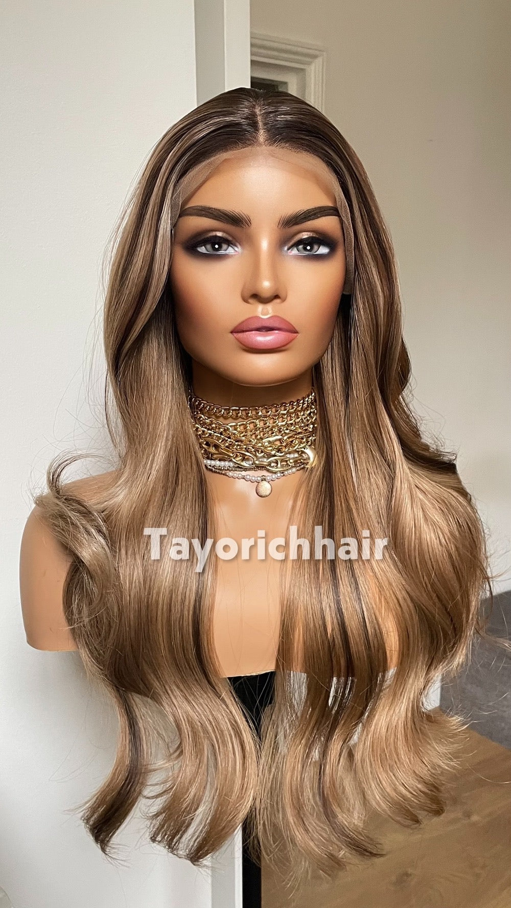 Rooted Dark Blonde Lace Wig With Highlights; Wavy Hair, Heat Resistant Synthetic