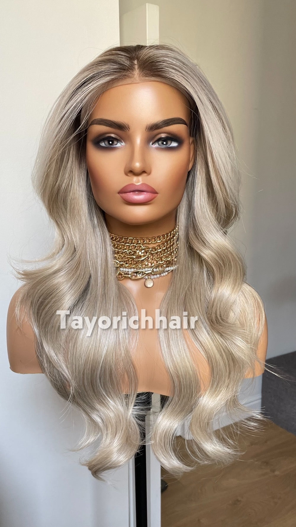 Ash Blonde Wig Lace Front Wig; Dark Roots, Highlights, Wavy Hair, Layered