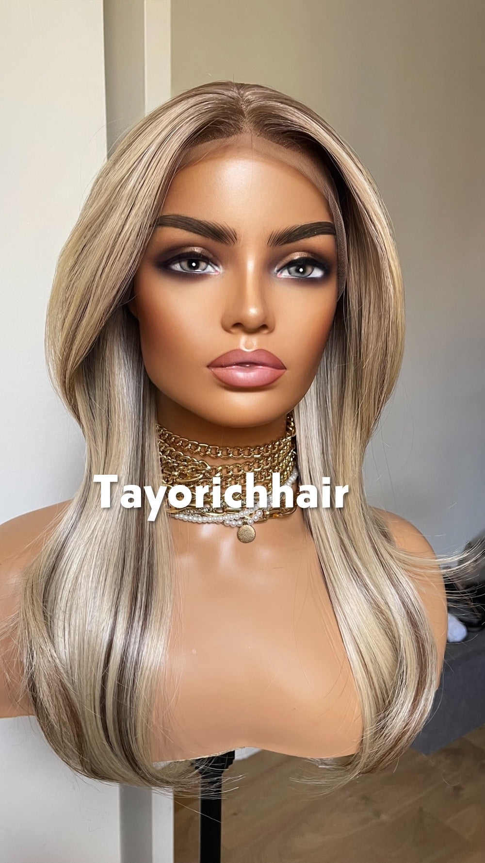 Sunkissed Blonde With Brown Highlights Wig; Lace Frontal Synthetic Wig, 16 Inches, Low Density Wig