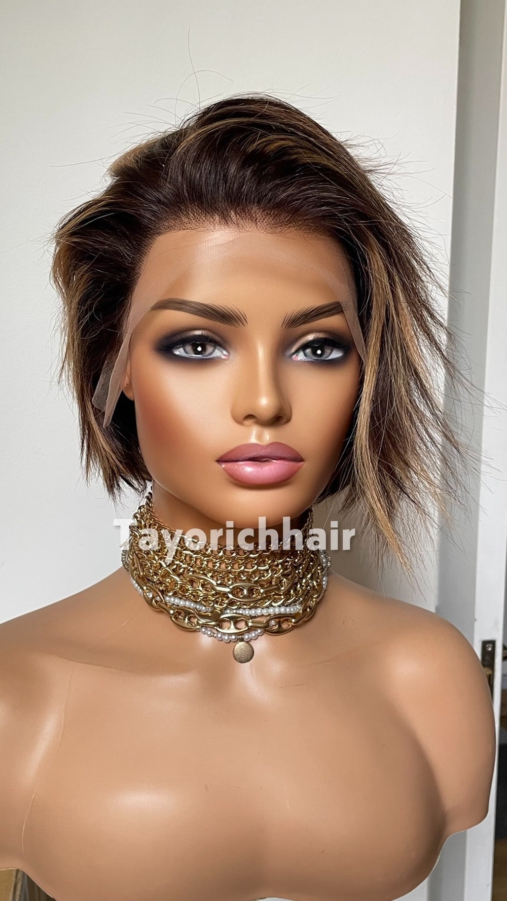 Short Brown Bob Human Hair Wig with Blonde Highlights | Straight 6 Inch Lace Front Wig | Natural Looking Bob Wig
