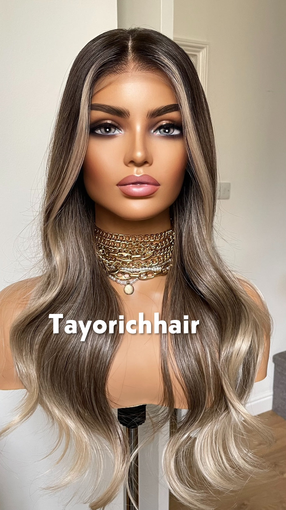 Tayorichhair 20" Dark Ash Blonde Wavy Synthetic Wig – 13x4 Transparent Lace, Glueless Money Piece Highlights (150% Density)