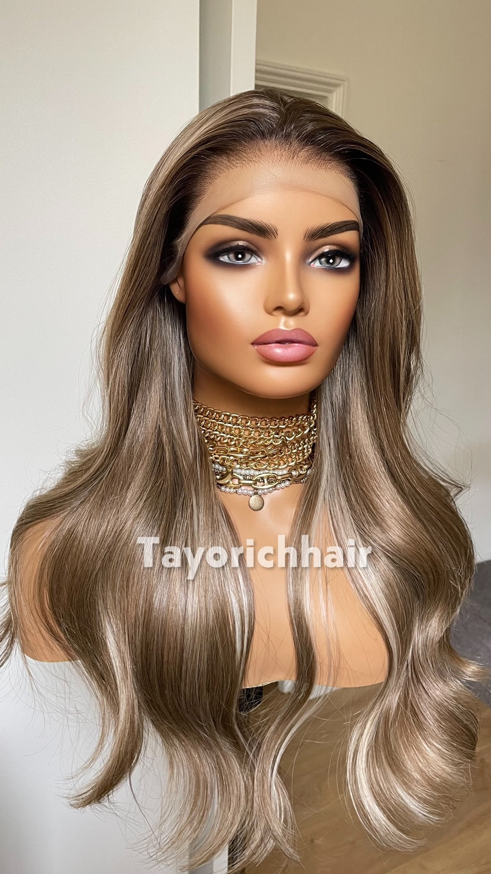 Dark Ash Brown 22” Wavy Wig | Platinum Highlights & 13x4 Lace