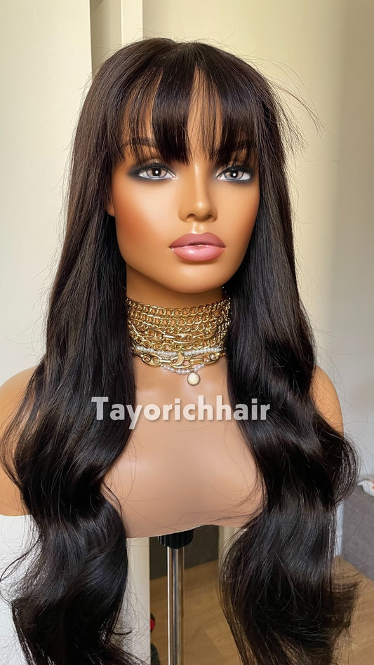 TayoRichHair 4x4 HD Lace Wavy Wig with Bangs – 100% Soft Human Hair (24 Inch, 150% Density, Color 1B, Small/Extra-Small Cap, Snug Glueless Fit)