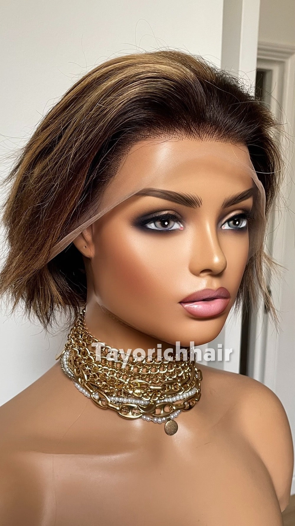 Short Brown Bob Human Hair Wig with Blonde Highlights | Straight 6 Inch Lace Front Wig | Natural Looking Bob Wig