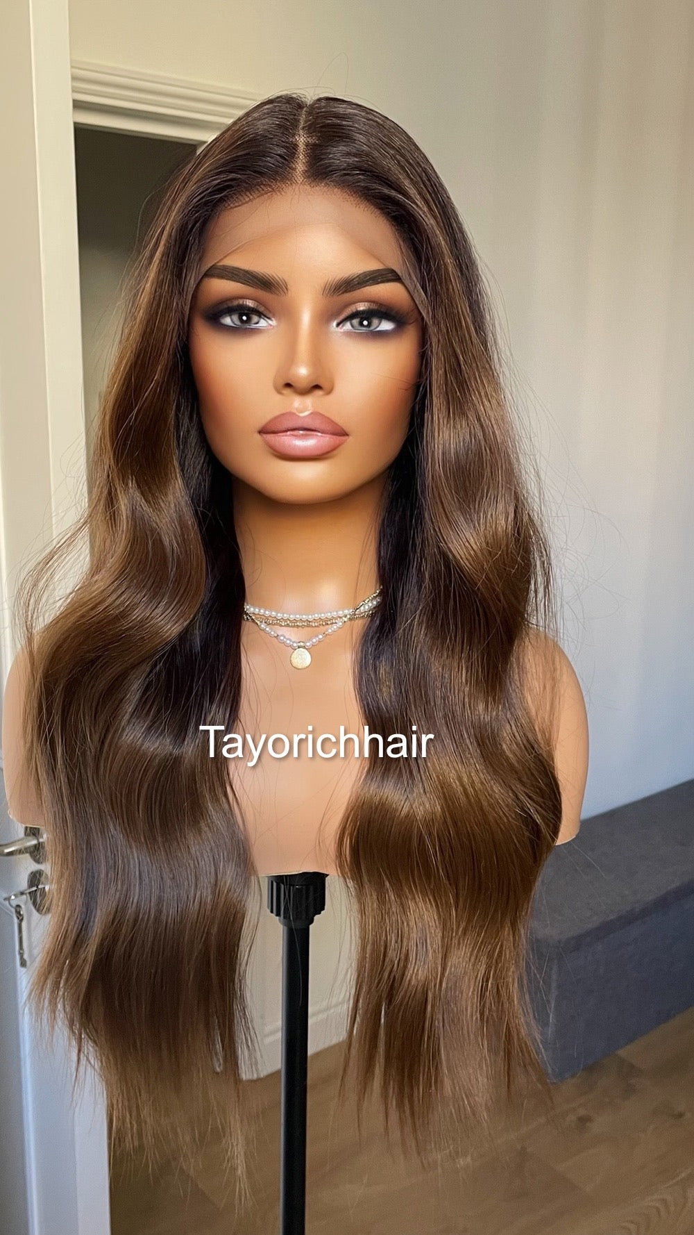 Brown And Black Synthetic Lace Front Wig With Black Roots/Middle Part Brown Wig With 13 By 6 Lace Frontal/Wigs For Brunettes By Tayorichhair