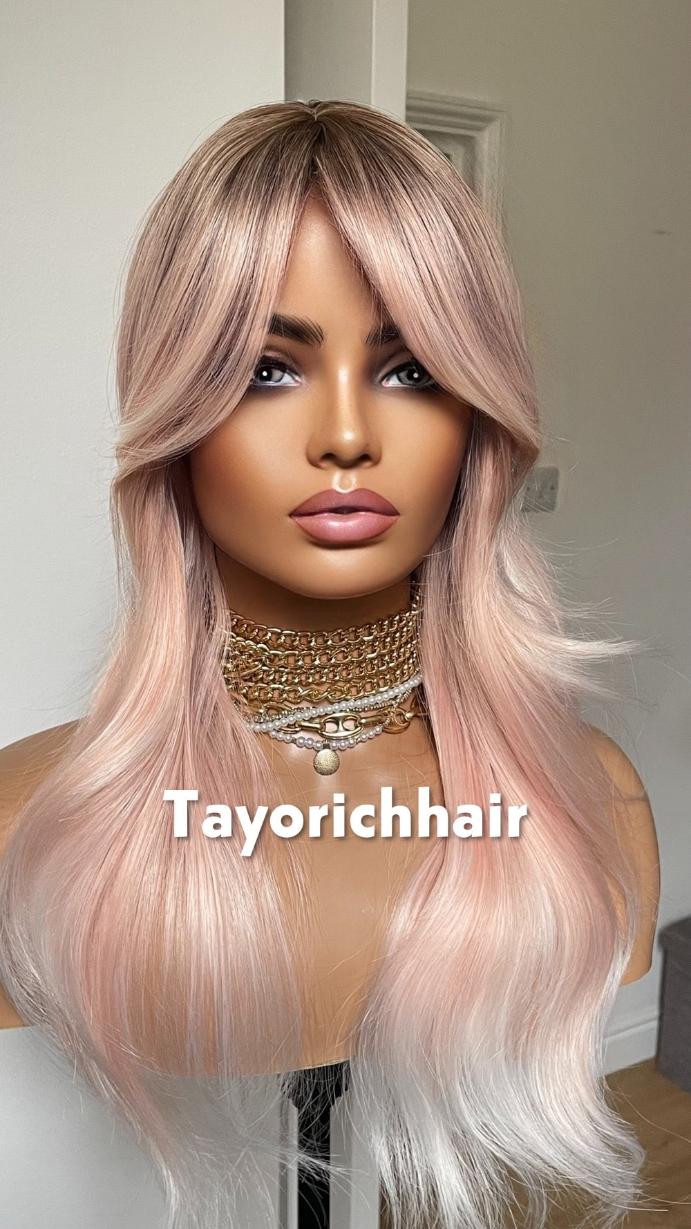 Baby Pink Wig with Dark Roots & Blonde Highlights | 18” Layered Wavy Heat-Safe Synthetic Wig | Bangs | Glueless | Tayorichhair