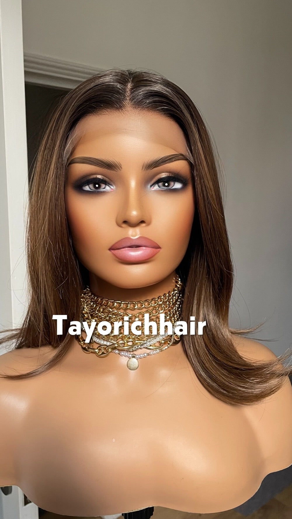Brown 14-Inch Bob Wig With Highlights; Black Roots, 13by6 Lace Synthetic Wig