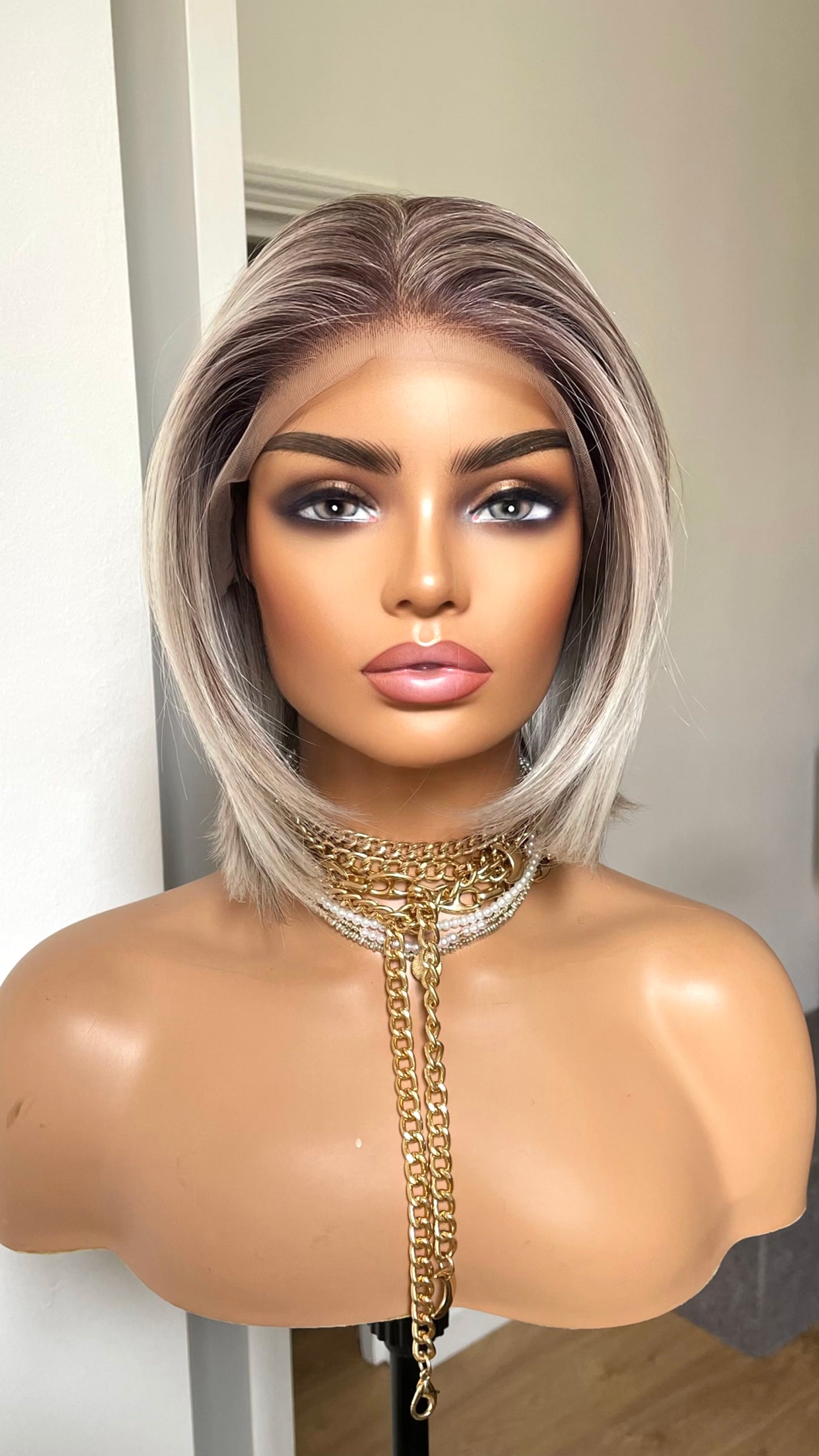 Salt and Pepper Short Bob Wig: Synthetic Lace Frontal, Brown Roots