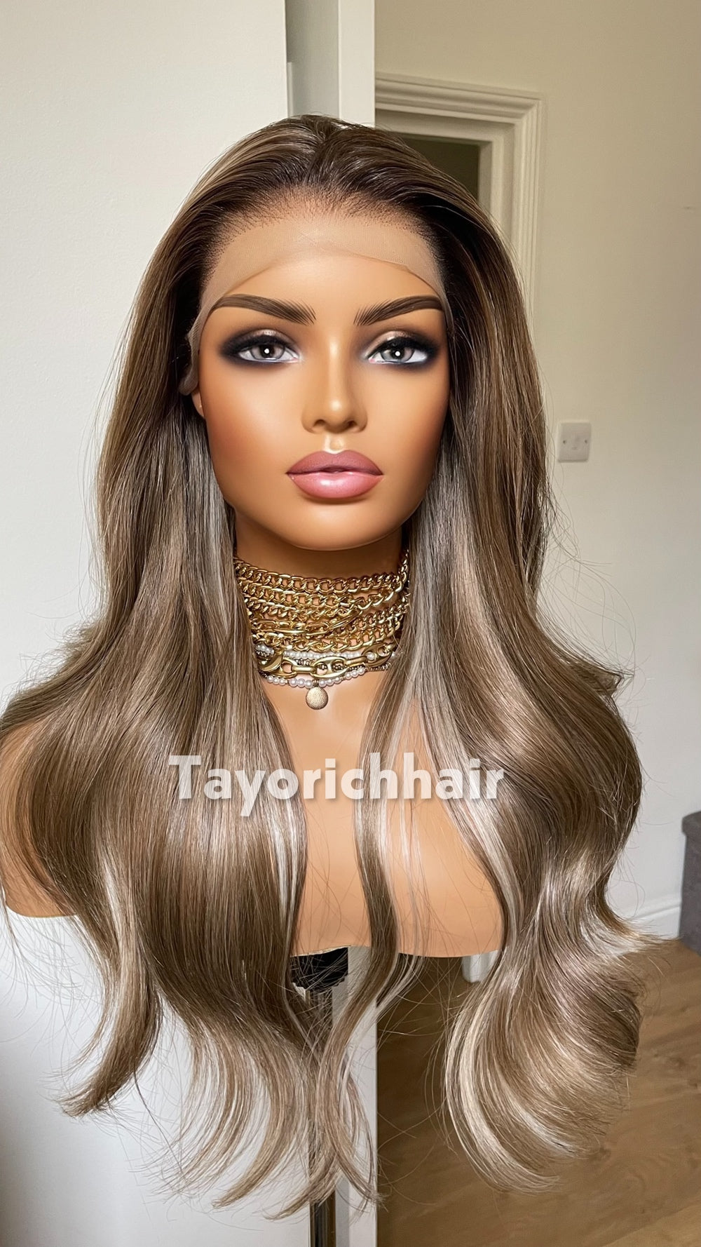 Dark Ash Brown 22” Wavy Wig | Platinum Highlights & 13x4 Lace