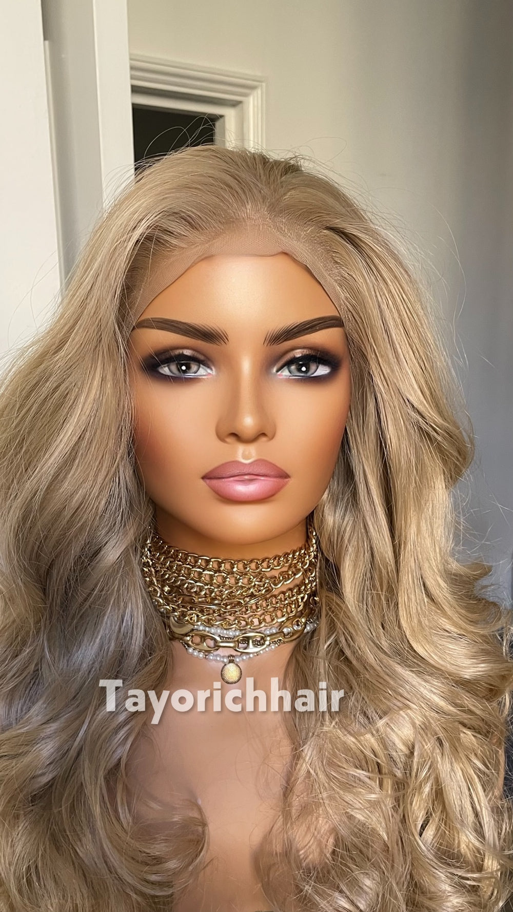 Natural Ash Blonde Spiral Curly Wig | 16” Heat Safe Synthetic Lace Front Wig | 13x6 Transparent Lace | Free Part | Vintage Hollywood Elegance | Tayorichhair