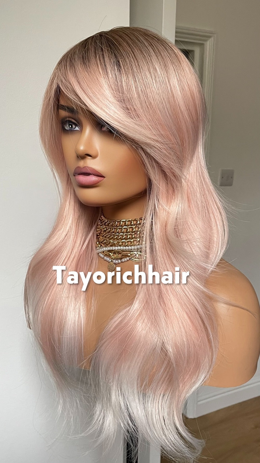 Baby Pink Wig with Dark Roots & Blonde Highlights | 18” Layered Wavy Heat-Safe Synthetic Wig | Bangs | Glueless | Tayorichhair