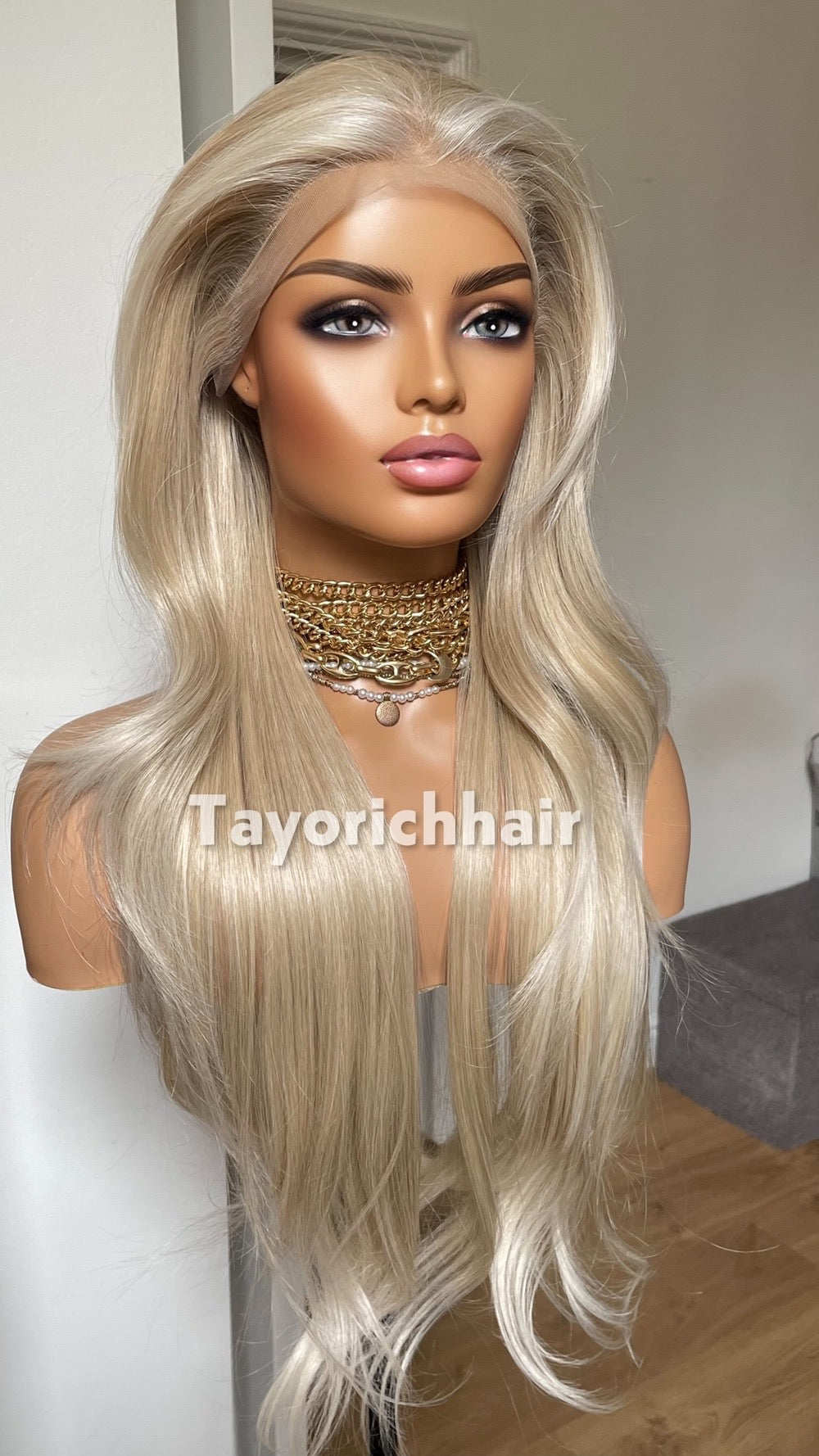 Light Honey Blonde Wig With Highlights; Curtain Bangs, Lace Front Synthetic Wig