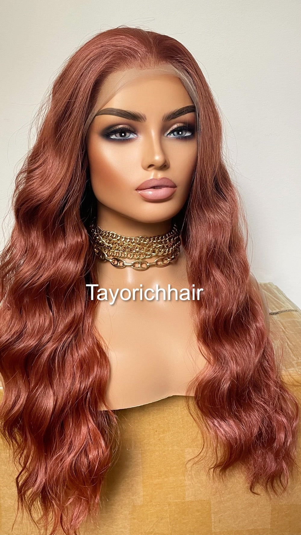 Copper Red Synthetic Lace Wig/ 13x4 Wide Swiss Lace/  22 Inches Free Part Wig Wavy Dark Red Hair Synthetic Wig For Women Dark Auburn Wig