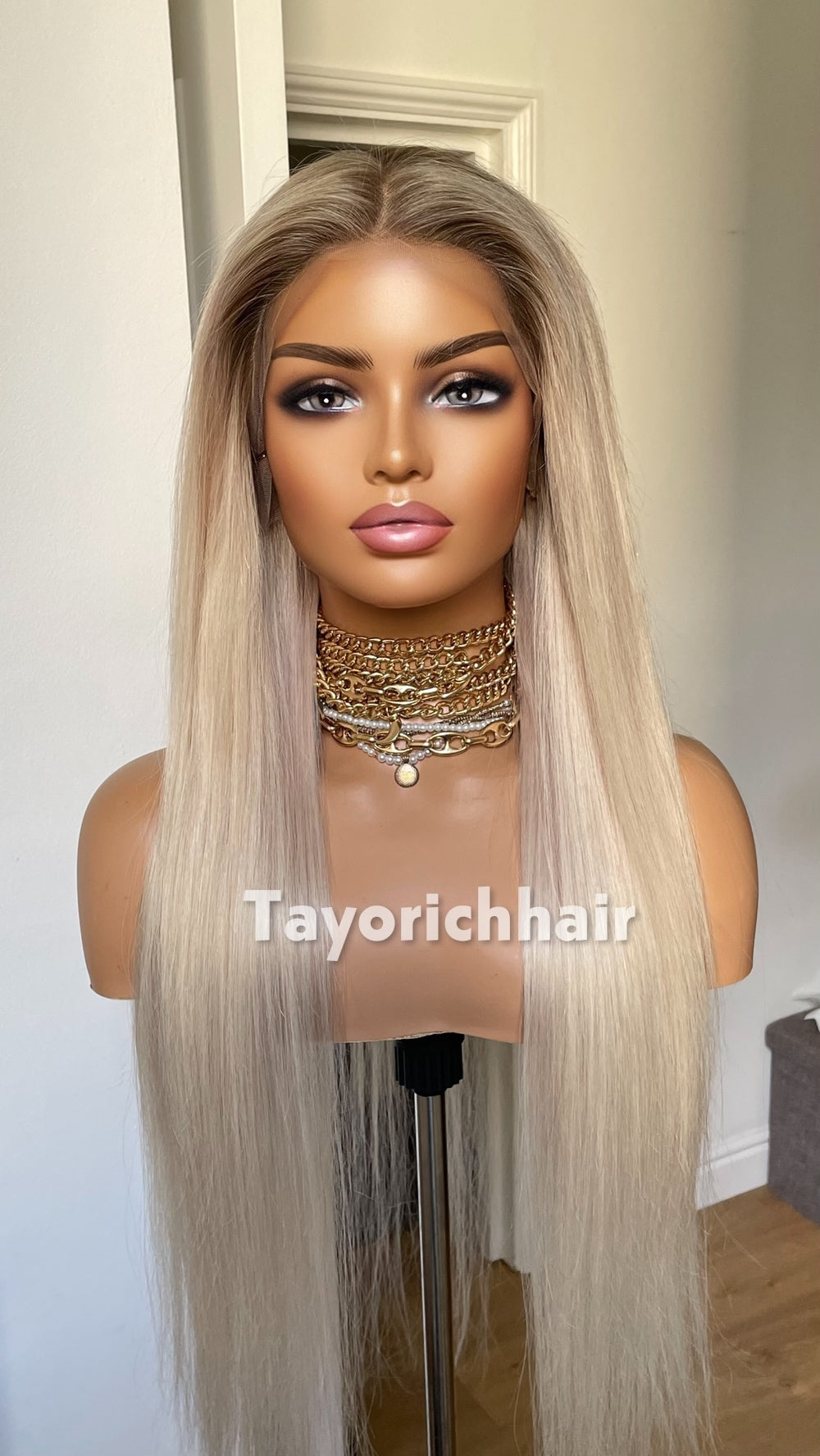 TayoRichHair 13x4 HD Lace Front Ash Platinum Blonde Straight Wig – 100% Human Hair (24 Inch, 200% Density, Dark Roots, Average Cap)