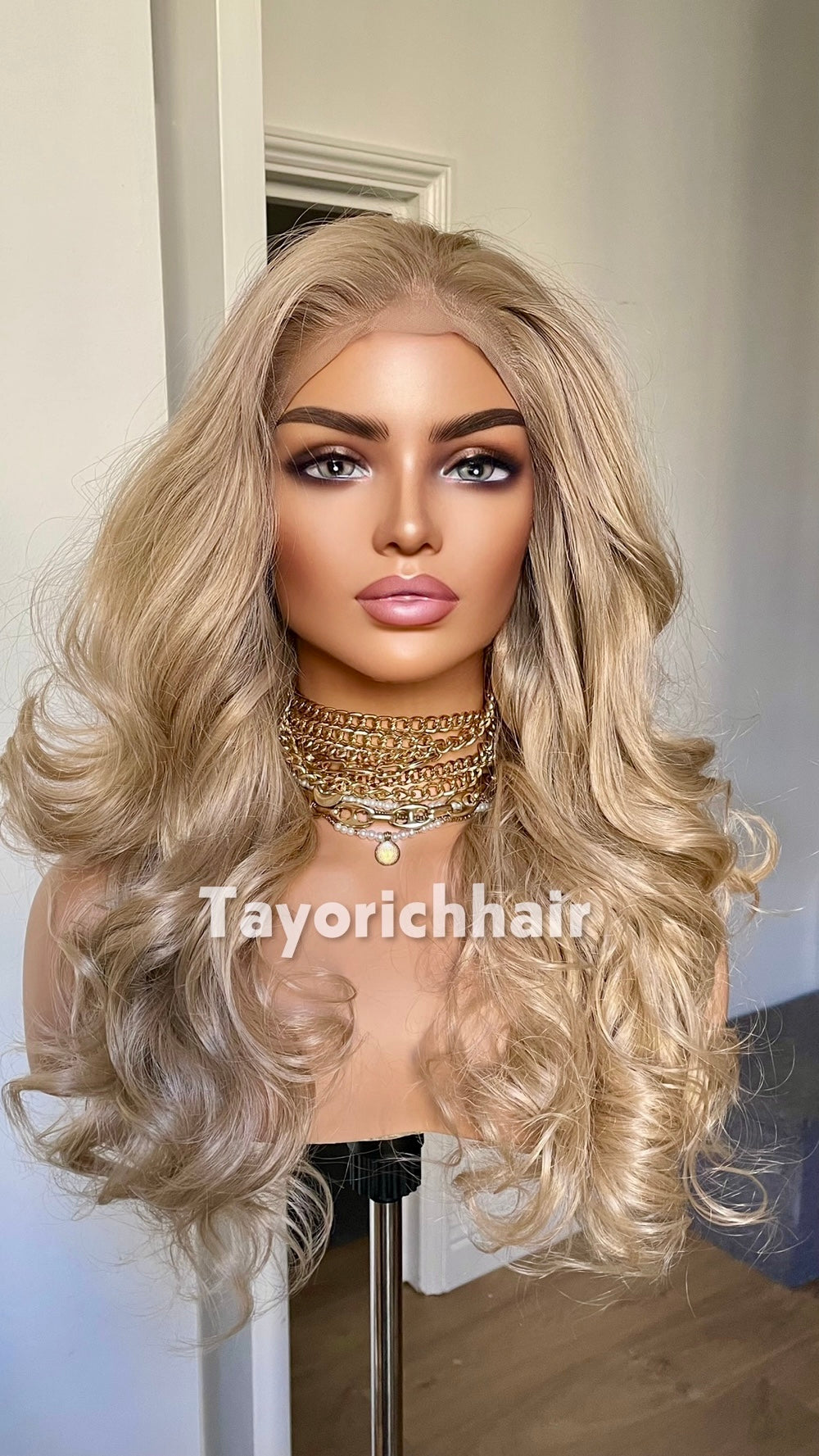 Natural Ash Blonde Spiral Curly Wig | 16” Heat Safe Synthetic Lace Front Wig | 13x6 Transparent Lace | Free Part | Vintage Hollywood Elegance | Tayorichhair