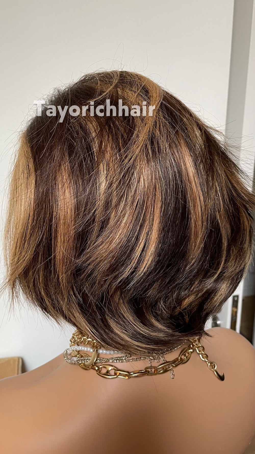 Short Brown Bob Human Hair Wig with Blonde Highlights | Straight 6 Inch Lace Front Wig | Natural Looking Bob Wig