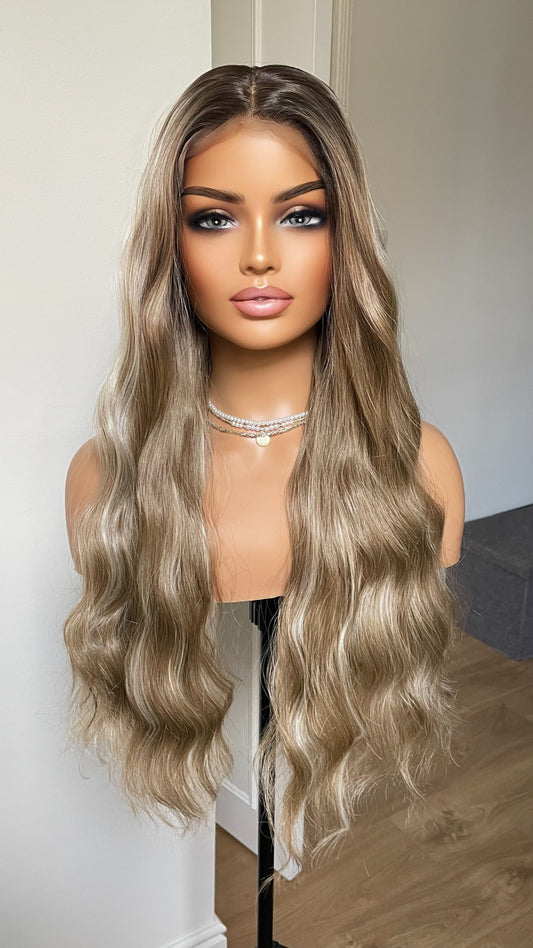 Dark Ash Hair With Blonde Highlights And Dark Roots/ Wavy Synthetic Lace Wig With 13x6 Lace Front Wig For Women
