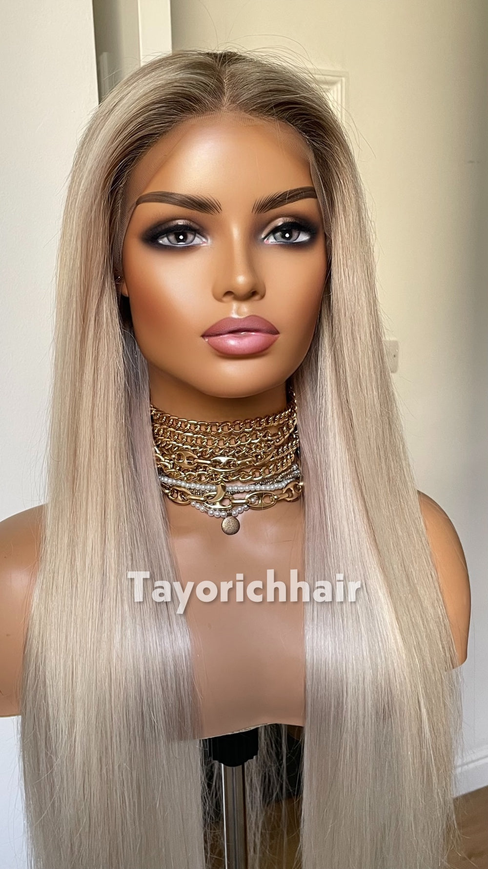 TayoRichHair 13x4 HD Lace Front Ash Platinum Blonde Straight Wig – 100% Human Hair (24 Inch, 200% Density, Dark Roots, Average Cap)
