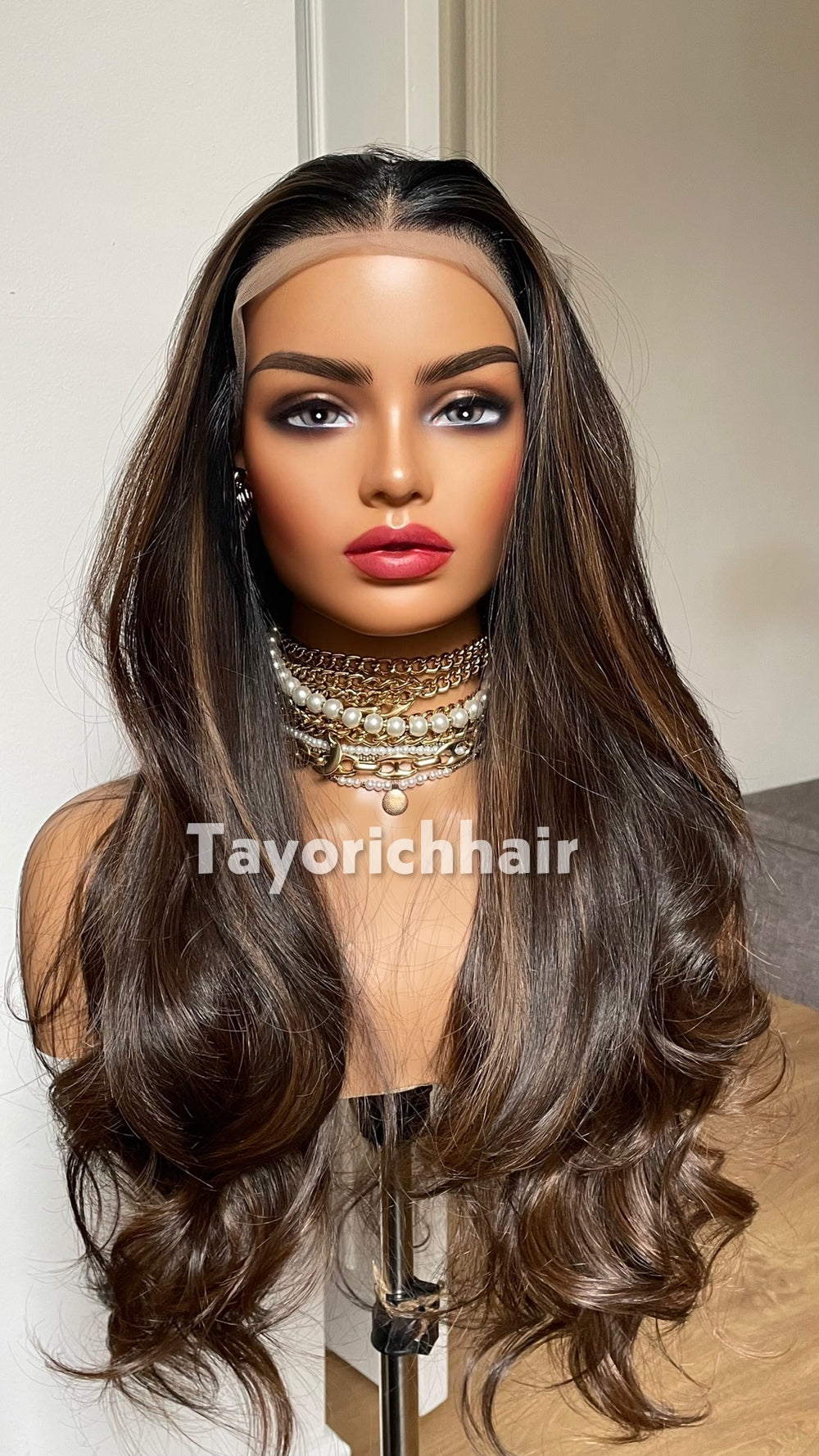 Dark Brown Highlighted Synthetic Lace Front Wig – 24 Inch, Glueless, Heat Safe