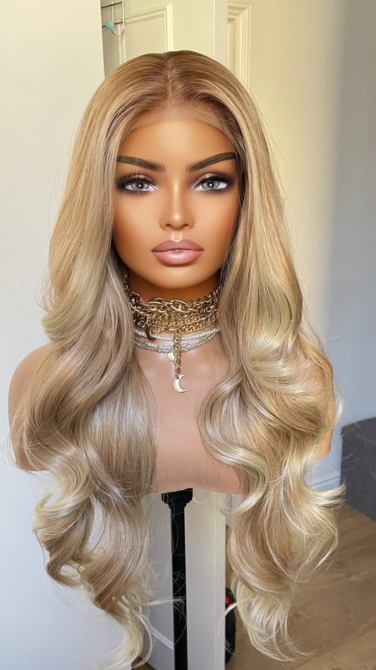 Tayorichhair Honey Blonde Synthetic Wig With Highlights/Face Framing Money Piece•Heat Safe Synthetic Wig•Light Warm Blonde Wig For Women