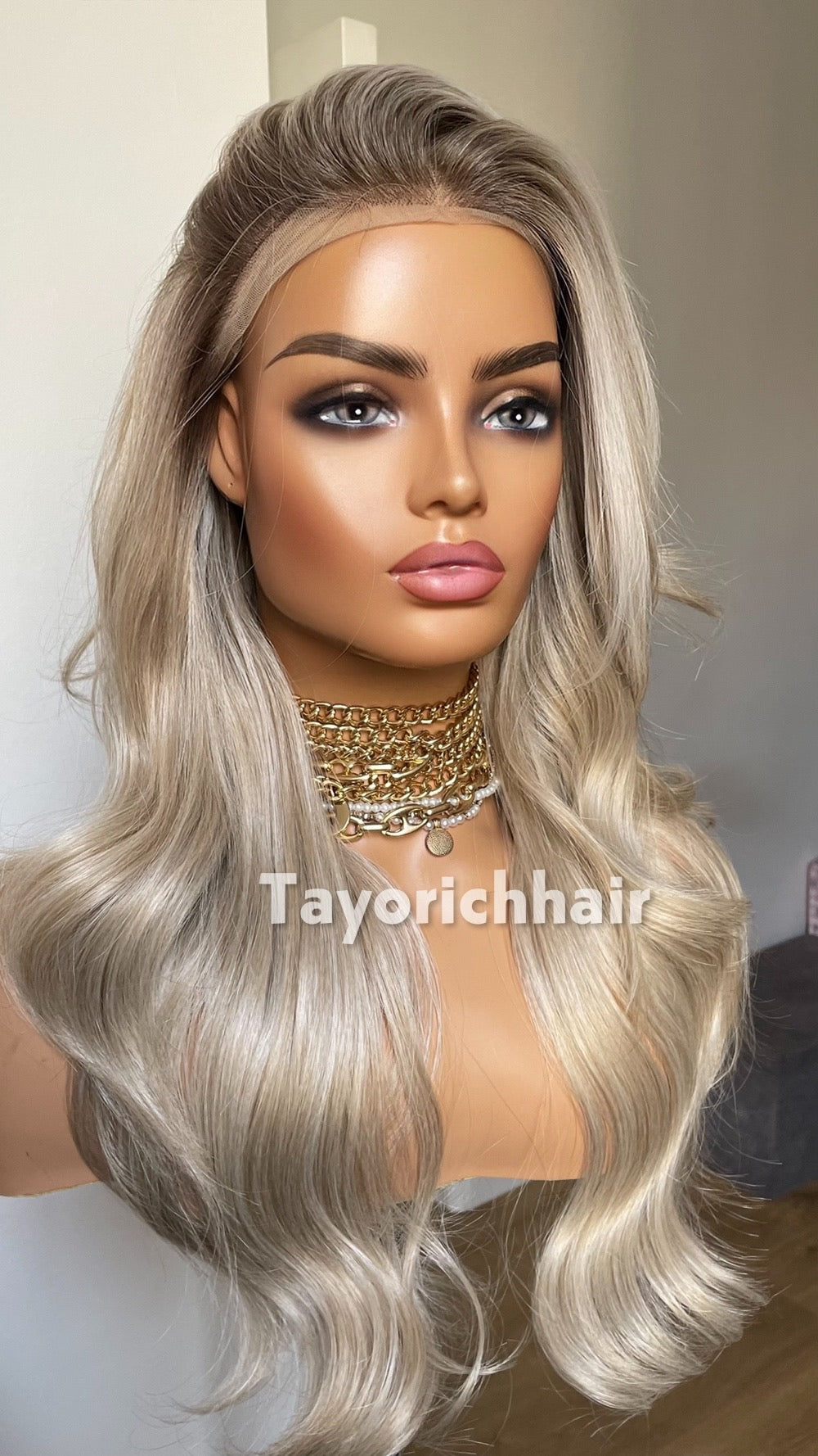 Ash Blonde Wig Lace Front Wig; Dark Roots, Highlights, Wavy Hair, Layered