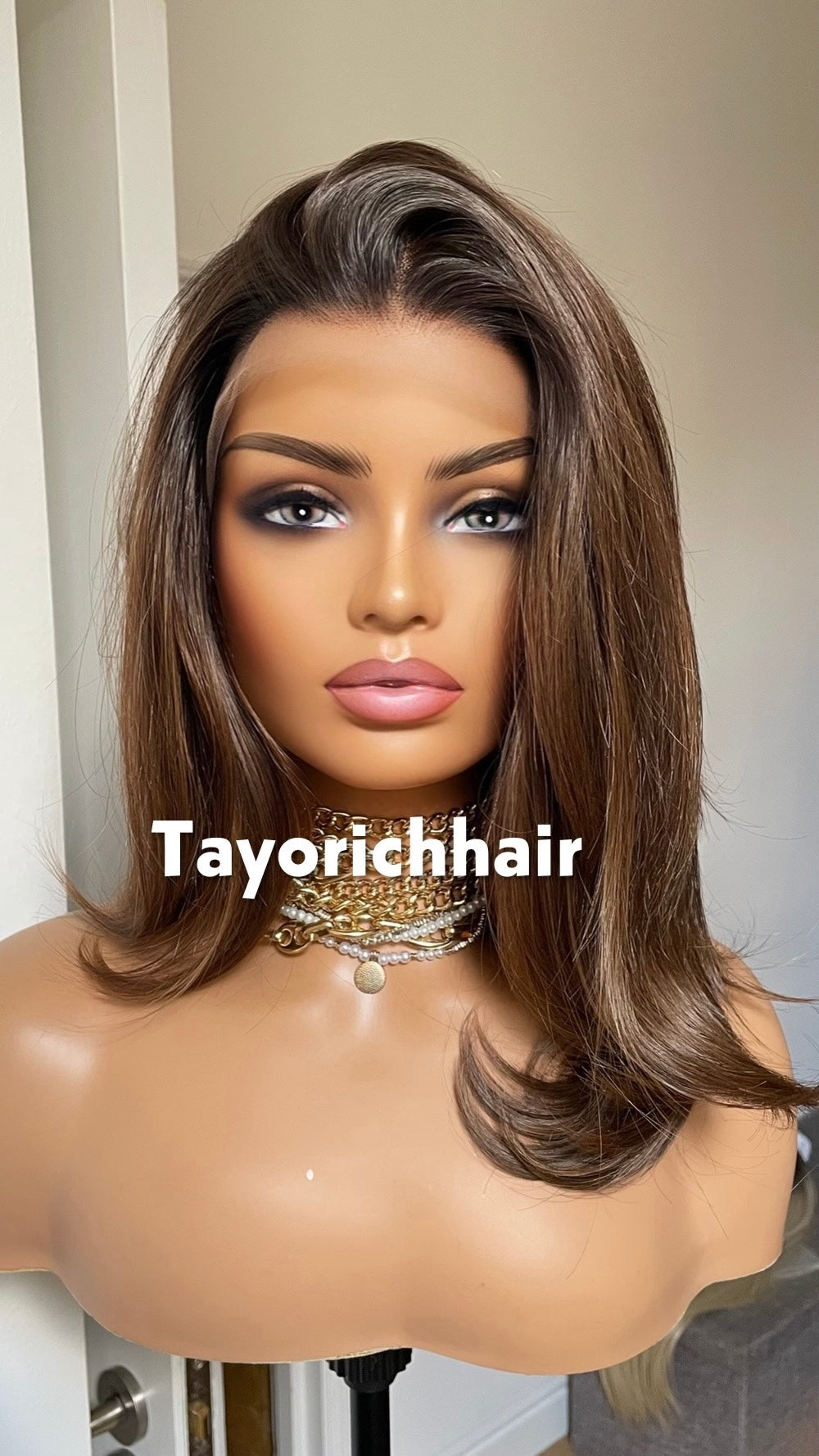 Brown 14-Inch Bob Wig With Highlights; Black Roots, 13by6 Lace Synthetic Wig