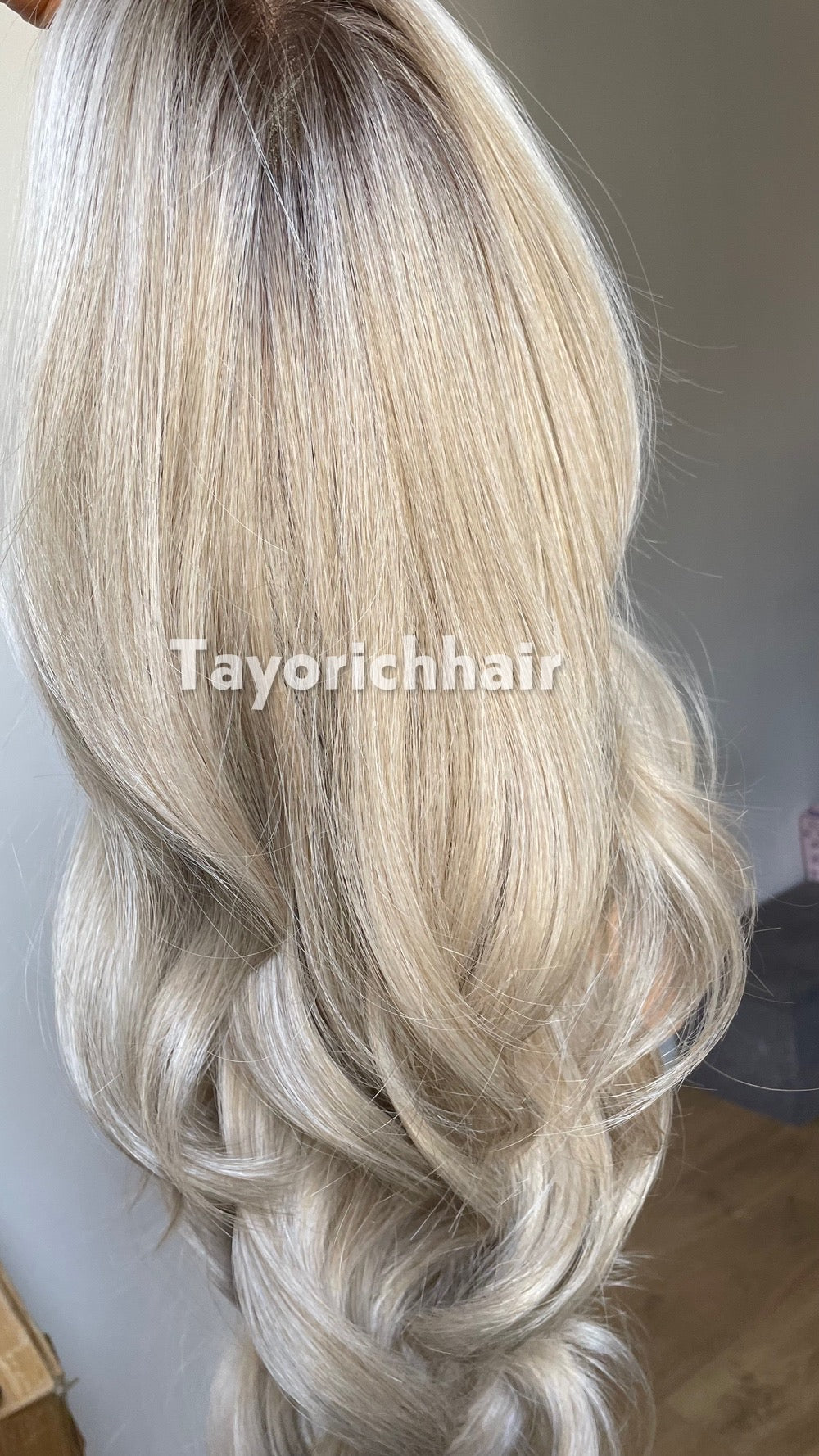 Ash Blonde Wig Lace Front Wig; Dark Roots, Highlights, Wavy Hair, Layered