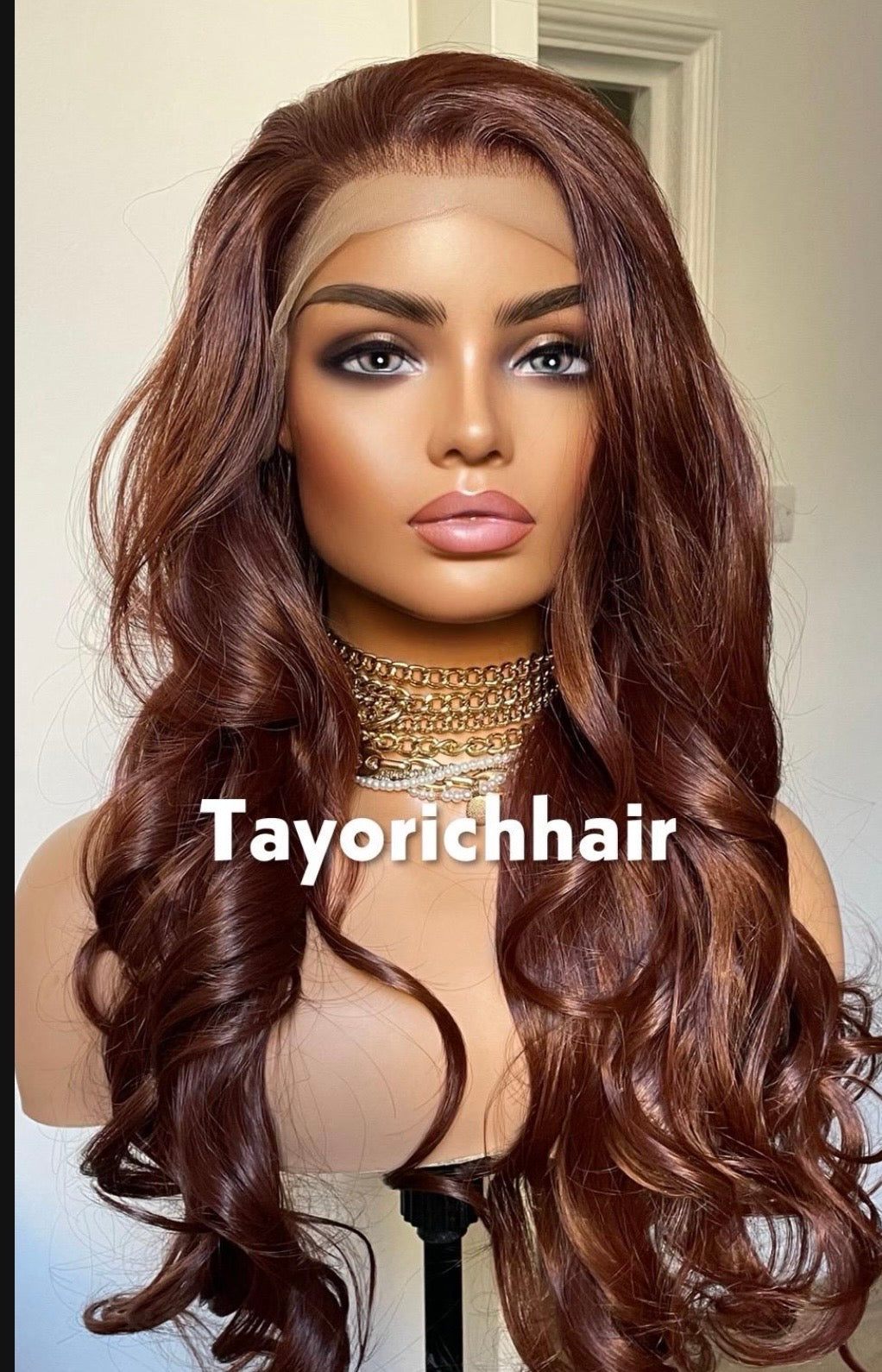 Reddish Brown Heat Safe Synthetic Lace Front Wig | 24” Bouncy Waves | 13x6 Transparent Lace | Glueless | Tayorichhair
