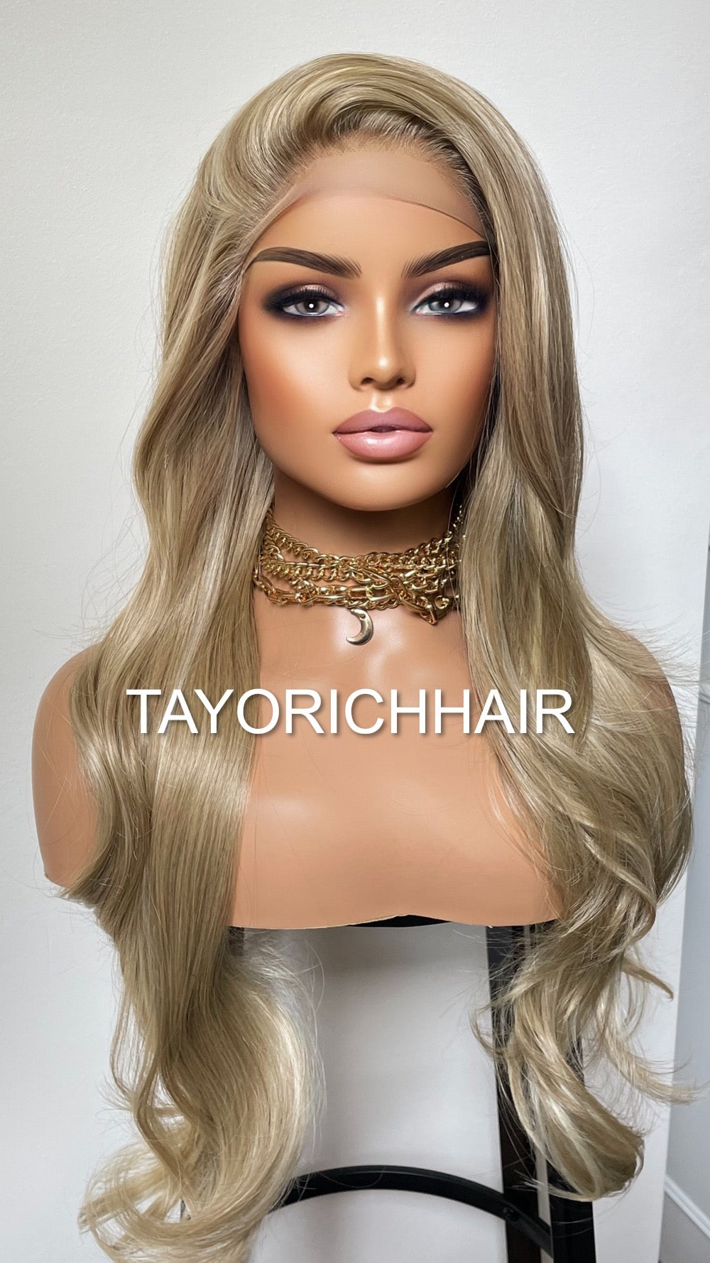 Slight Wavy Blonde Lace Front Wig With Streaks/Long Bouncy Ashy Olive Heat Safe Synthetic Wig 13x3 Lace Front Wig For Women